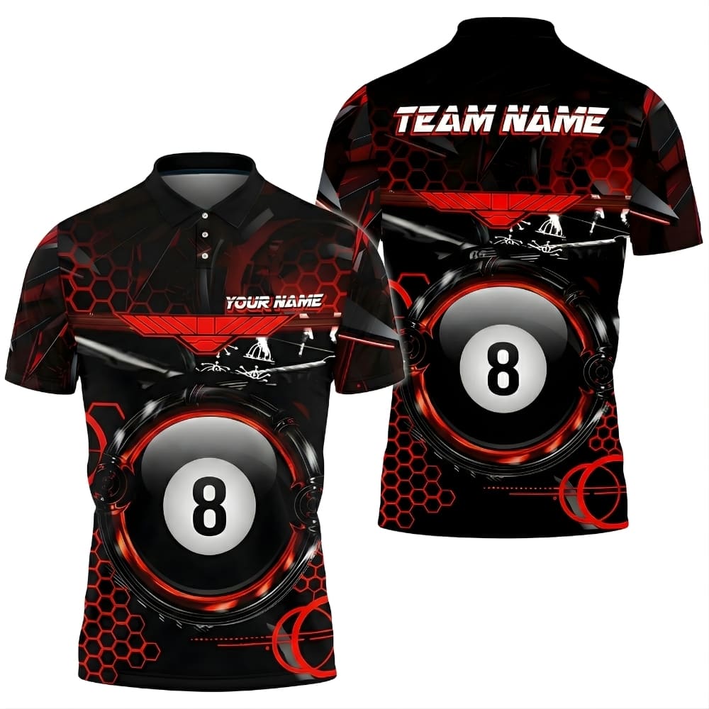 Custom Billiard Polo Shirt – 8 Ball Tech Hexagon Design, Personalized Name & Team Name