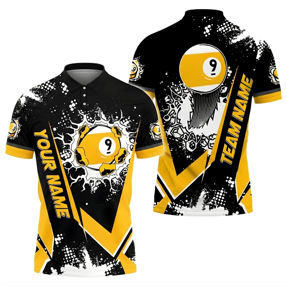 Custom Billiard Polo Shirt – 9 Ball Burst Graphic, Zigzag V Design, Personalized Name & Team