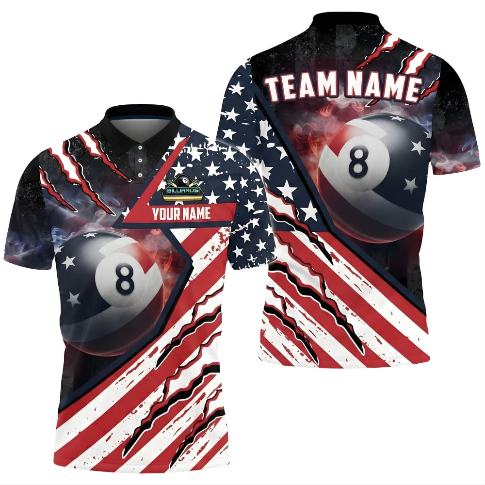 Custom Billiard Polo Shirt American Flag 8 Ball – Personalized Pool Team Shirt