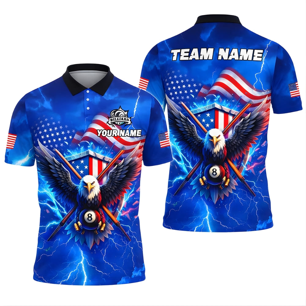 Custom Billiard Polo Shirt – Bald Eagle with 8 Ball, American Flag Lightning Design