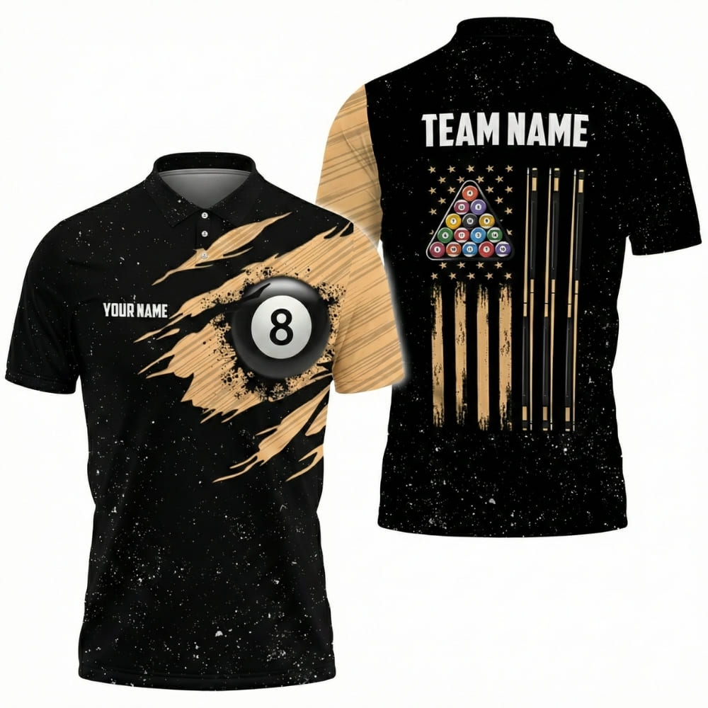 Custom Billiard Polo Shirt Black Gold 8 Ball – Personalized Pool Team Shirt