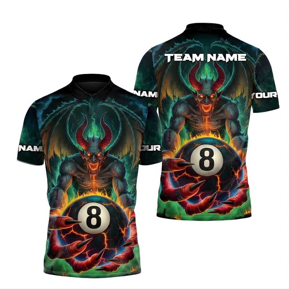 Custom Billiard Polo Shirt Demon 8 Ball Design – Personalized Pool Shirt with Name & Team