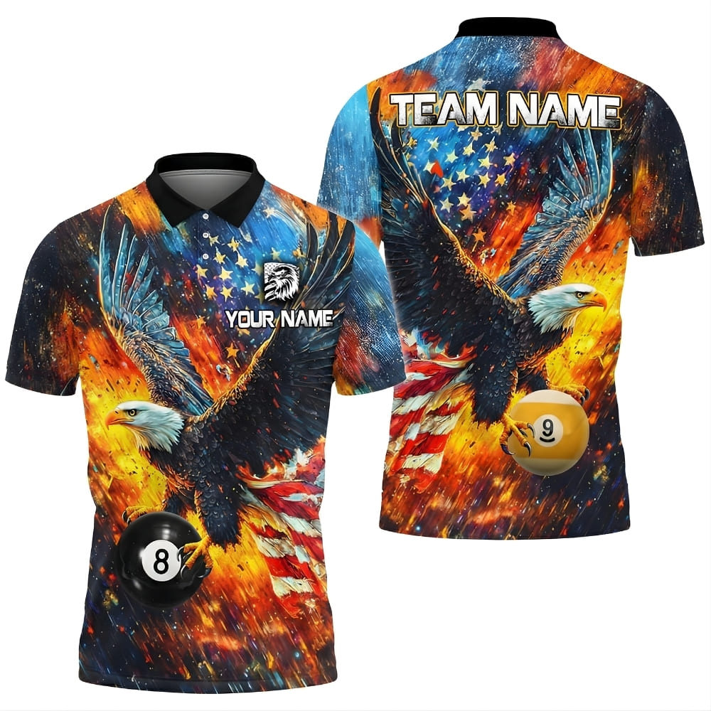Custom Billiard Polo Shirt – Eagle Graphic, Fire Storm American Design – Personalized Pool Team Jersey with Name & Team Name