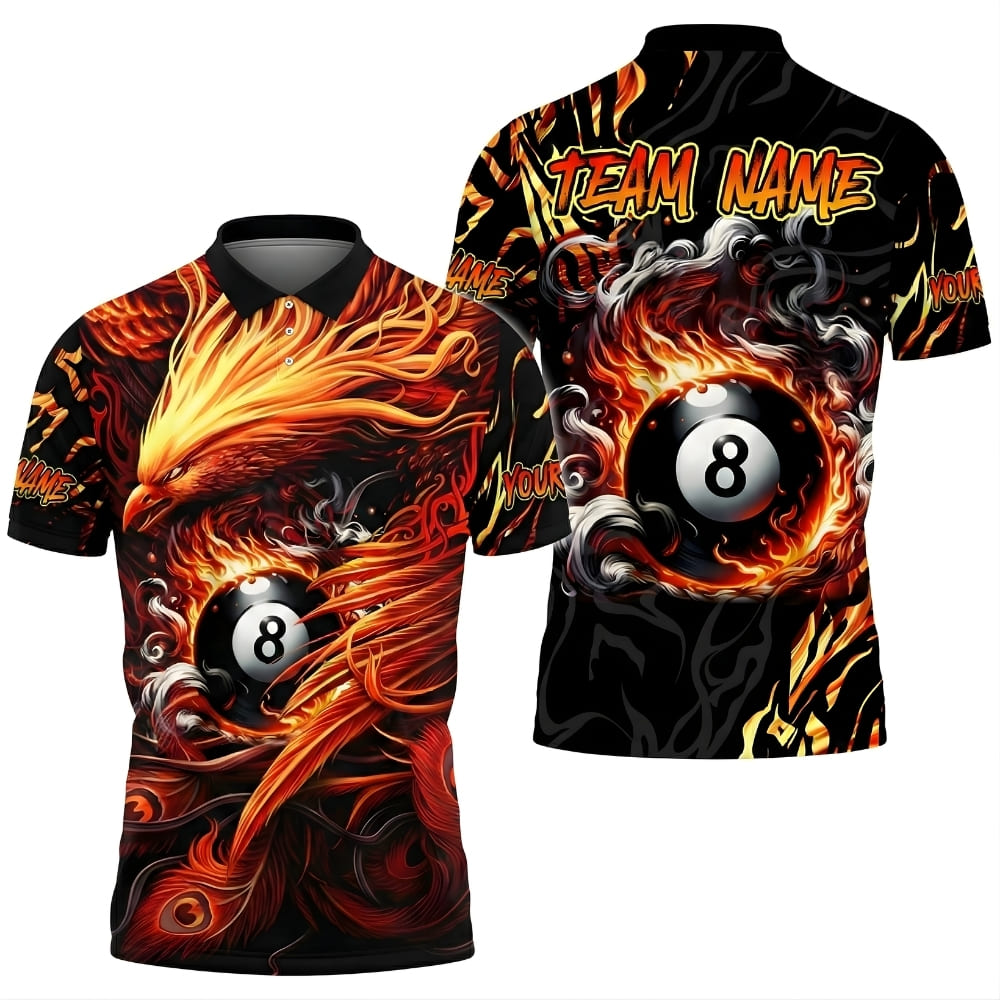 Custom Billiard Polo Shirt – Phoenix Fire Spirit with 8 Ball Graphic, Personalized Name & Team