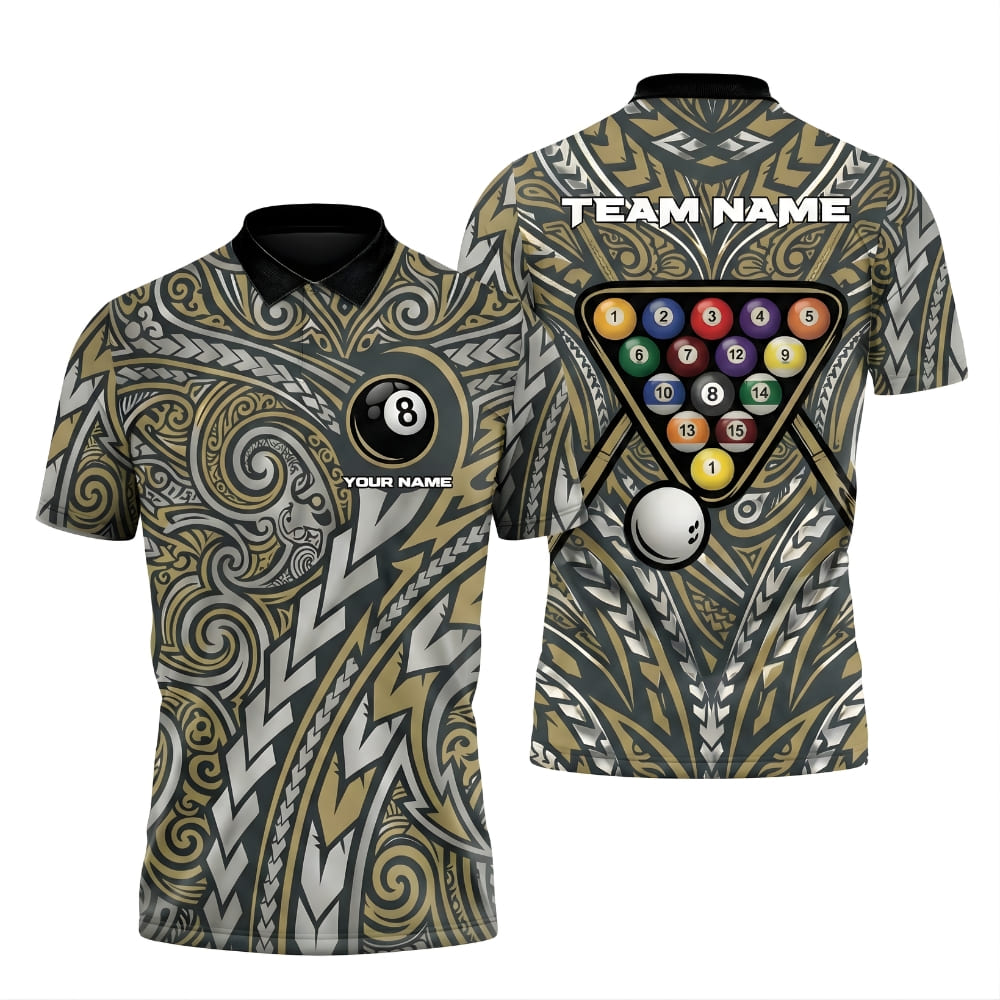 Custom Billiard Polo Shirt Tribal Polynesian Style – Personalized Pool Shirt with Name & Team