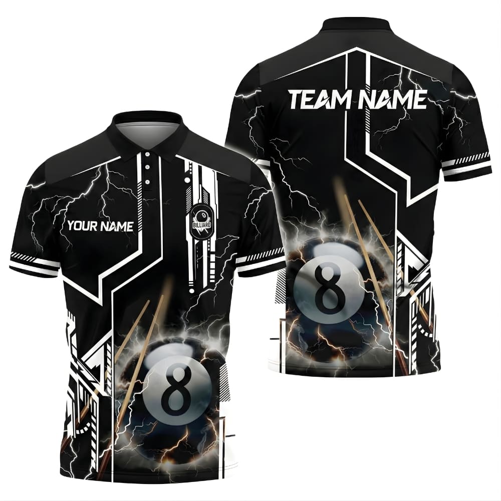 Custom Lightning 8 Ball Billiard Polo Shirt – Personalized Name & Team Pool Shirt