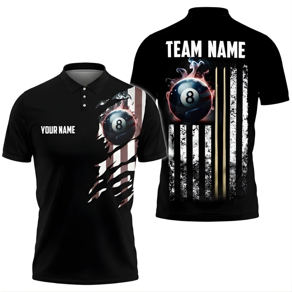 Custom Billiards Polo Shirt – Black American Flag 8 Ball Design, Personalized Pool Team Shirt