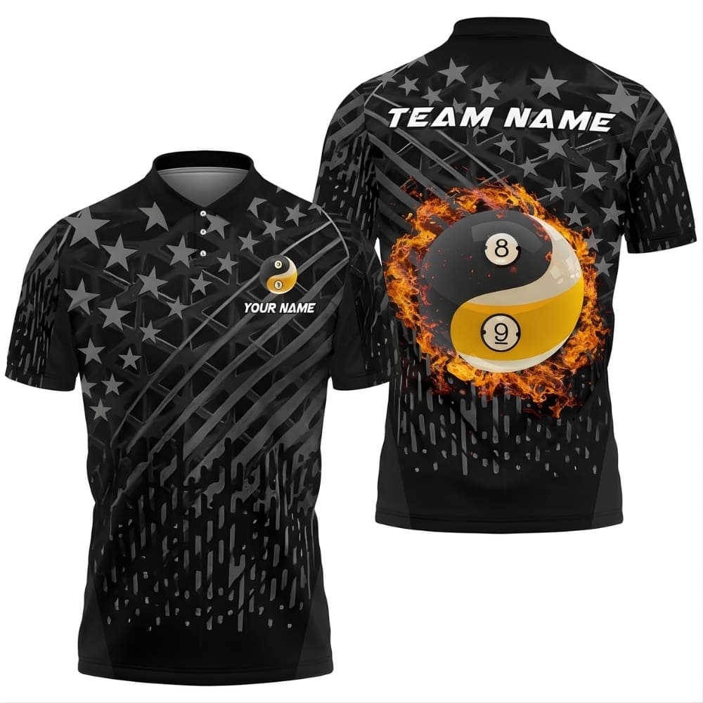Custom Billiards Polo Shirt – Black Star Pattern Fire 8 Ball Design, Personalized Pool Team Shirt