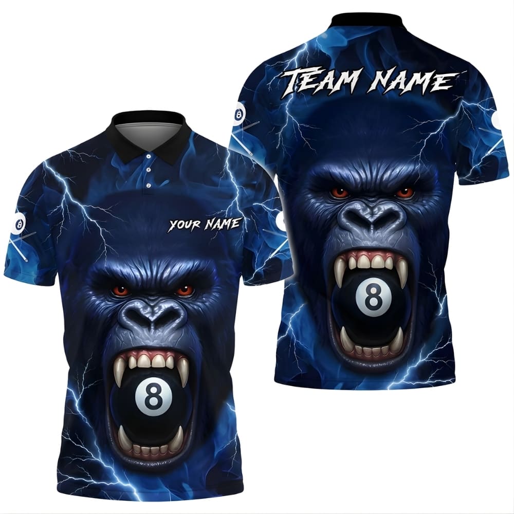 Custom Billiards Polo Shirt – Gorilla Lightning 8 Ball Design, Personalized Pool Team Shirt