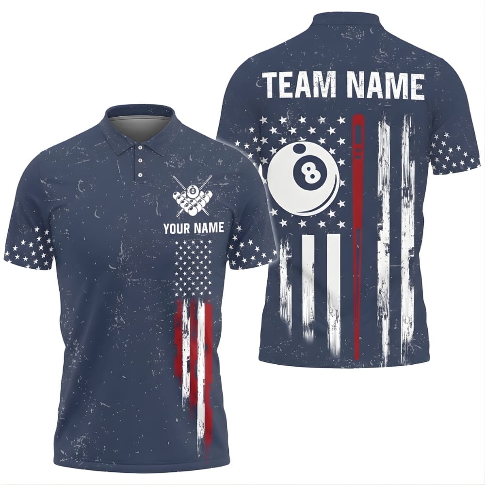 Custom Billiards Polo Shirt – Navy American Flag 8 Ball Design, Personalized Pool Team Shirt