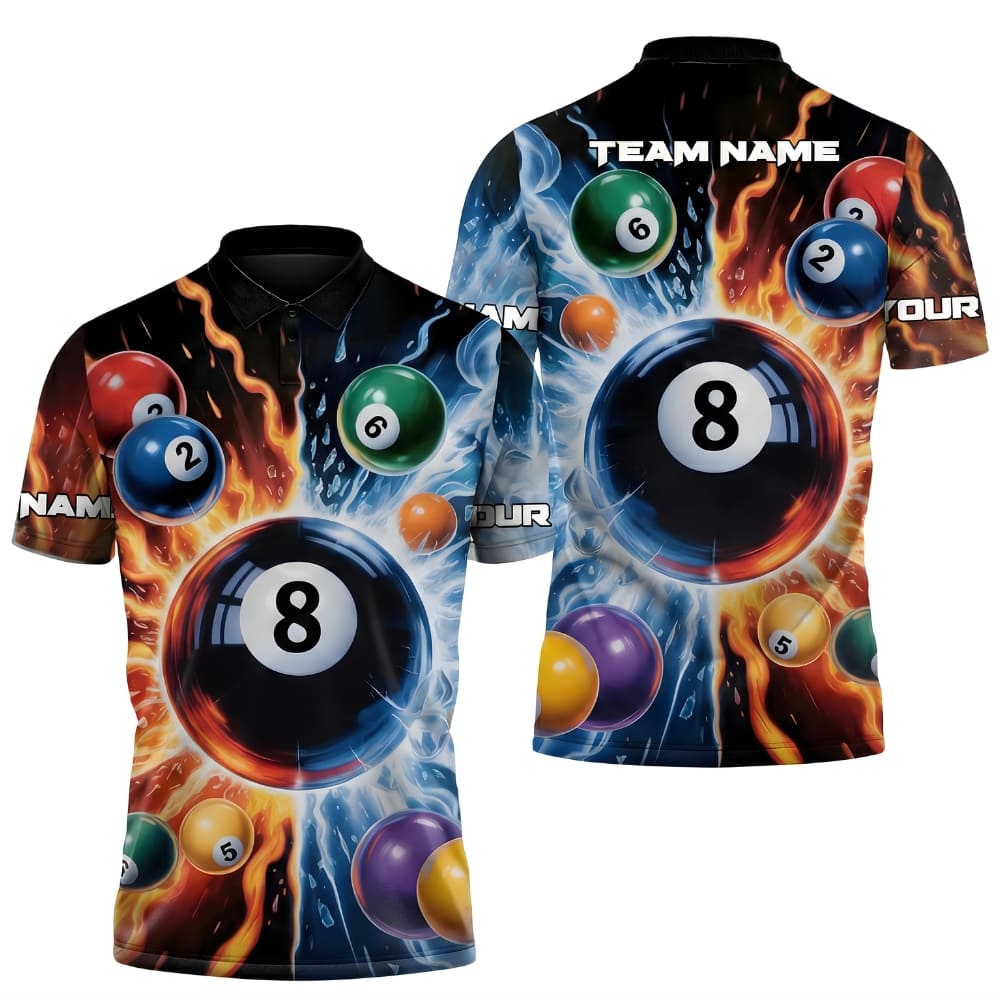 Custom Billiards Polo Shirt – Personalized Name & Team Name | 8 Ball Fire & Ice Design