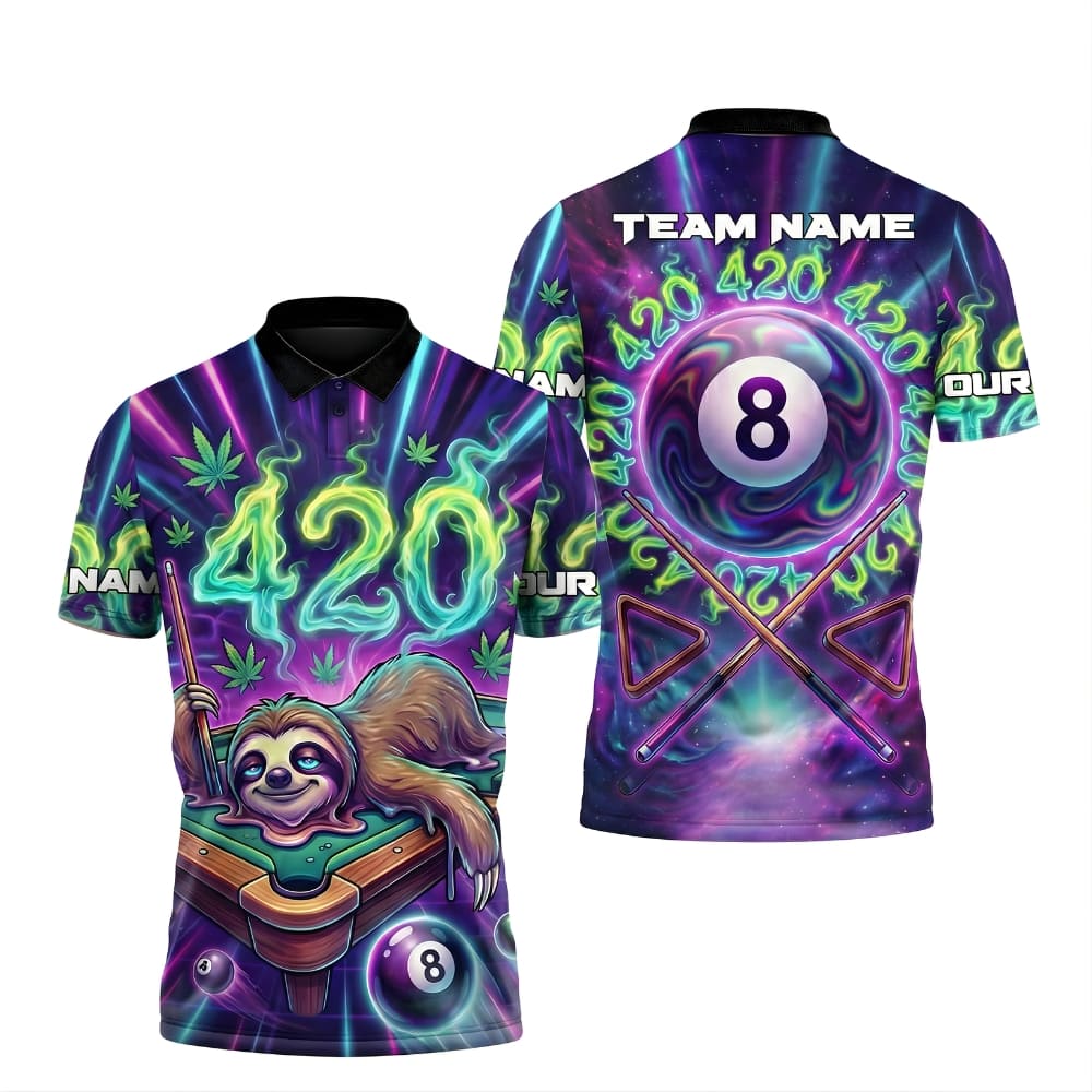 Custom Billiards Polo Shirt – Personalized Name & Team Name | 8 Ball Neon Galaxy Design