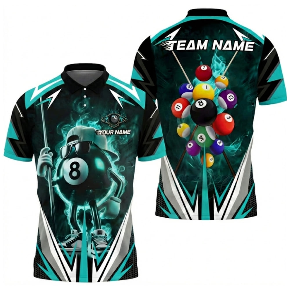 Custom Billiards Polo Shirt – 8 Ball Graphic | Personalized Team Name & Player Name