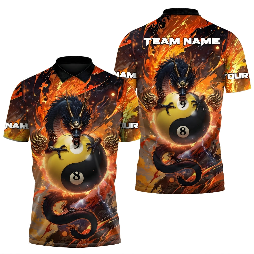 Custom Billiards Polo Shirt – Personalized Name & Team Name | Dragon Yin Yang 8 Ball Design