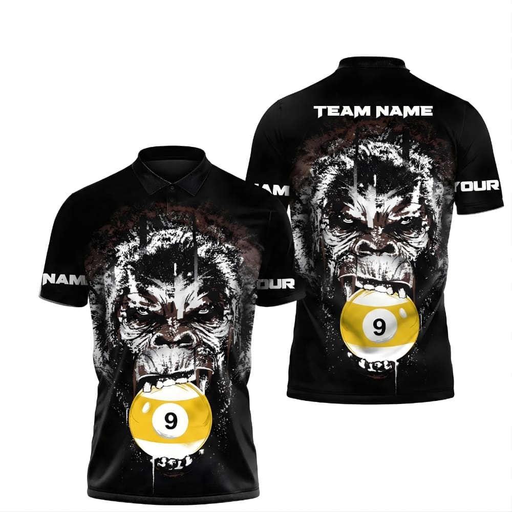 Custom Billiards Polo Shirt – Personalized Name & Team Name | Gorilla Power 8 & 9 Ball Design