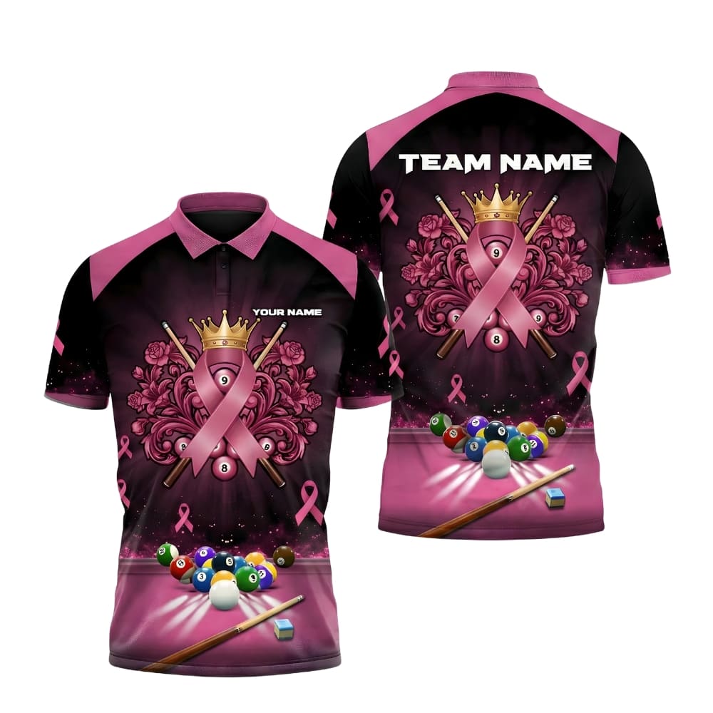 Custom Billiards Polo Shirt – Personalized Name & Team Name | Pink Ribbon 8 & 9 Ball Design