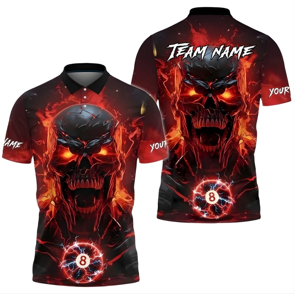 Custom Billiards Polo Shirt – Skull & Ball 8 Lightning Design, Personalized Team Name