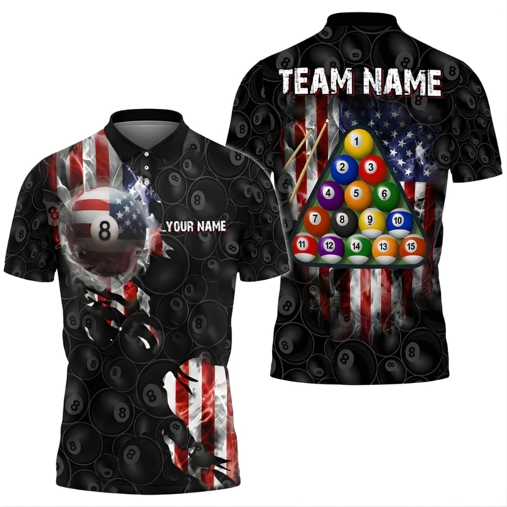 Custom Billiards Polo Shirt – Personalized 8 Ball Pool Shirt with USA Flag Design