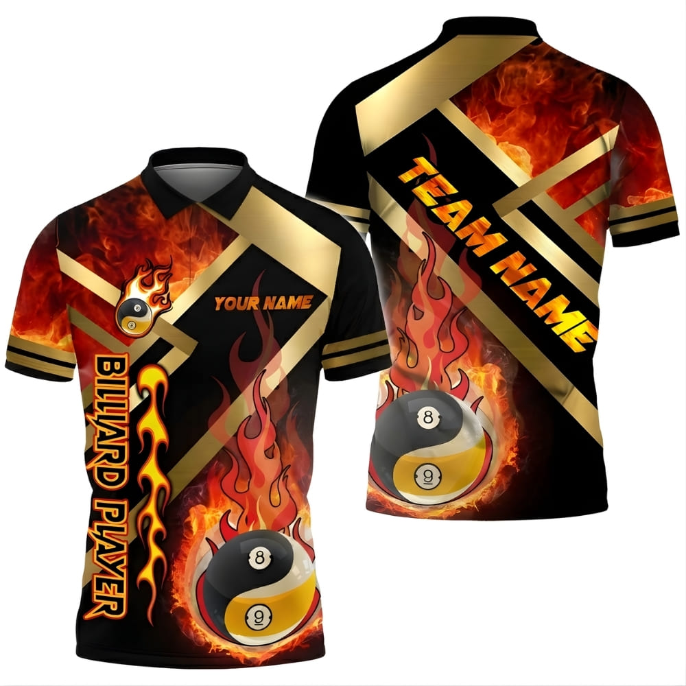 Custom Billiards Polo Shirt – Fire 8 Ball Design with Personalized Name & Team Name