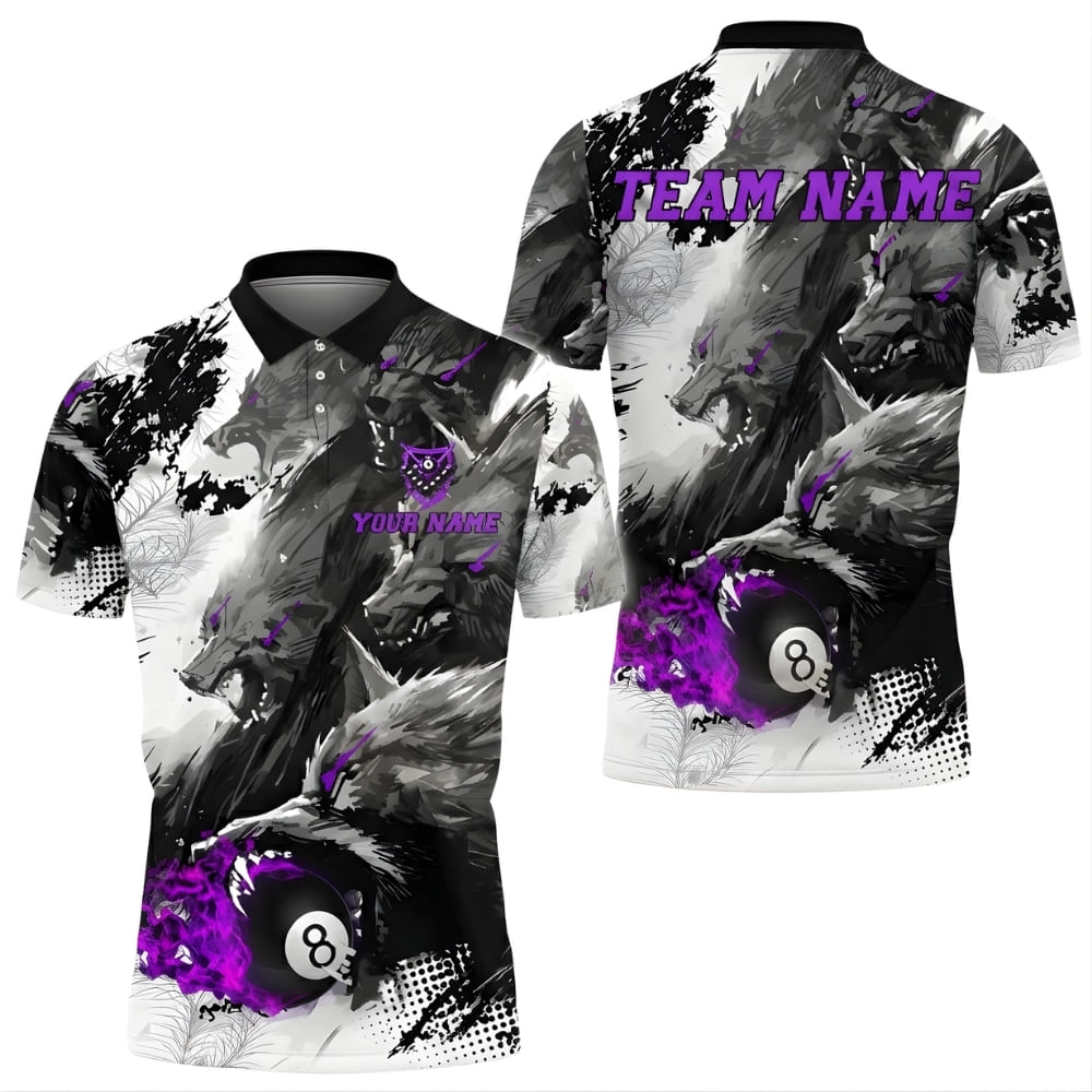 Custom Billiards Shirt – Wolf & 8 Ball Design | Personalized Pool Team Polo Shirt