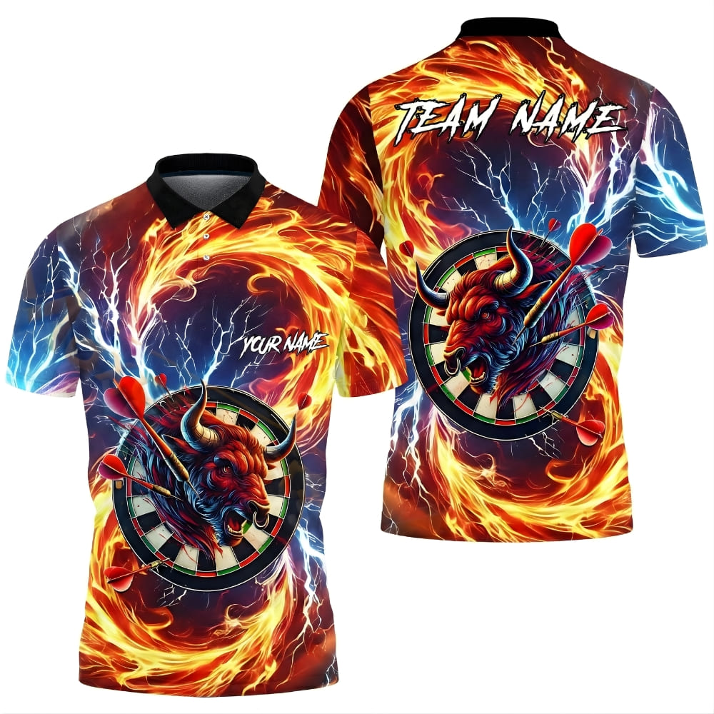 Custom Darts Polo Shirt – Fire Bull Lightning Design | Personalized Name & Team Name, Unisex Dart Team Jersey