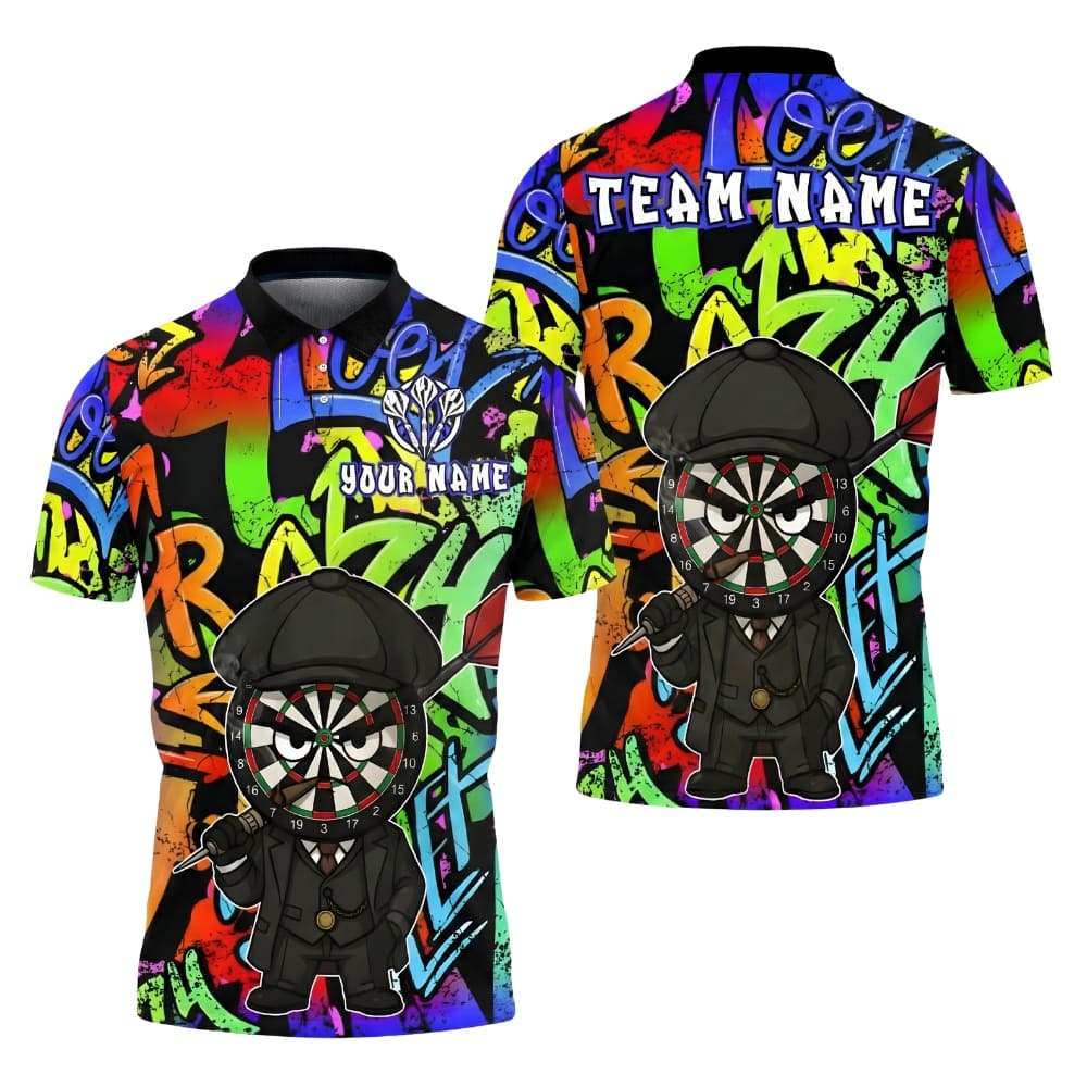 Custom Darts Polo Shirt – Graffiti Cartoon Dartboard Design | Personalized Name & Team Name, Unisex Dart Team Jersey