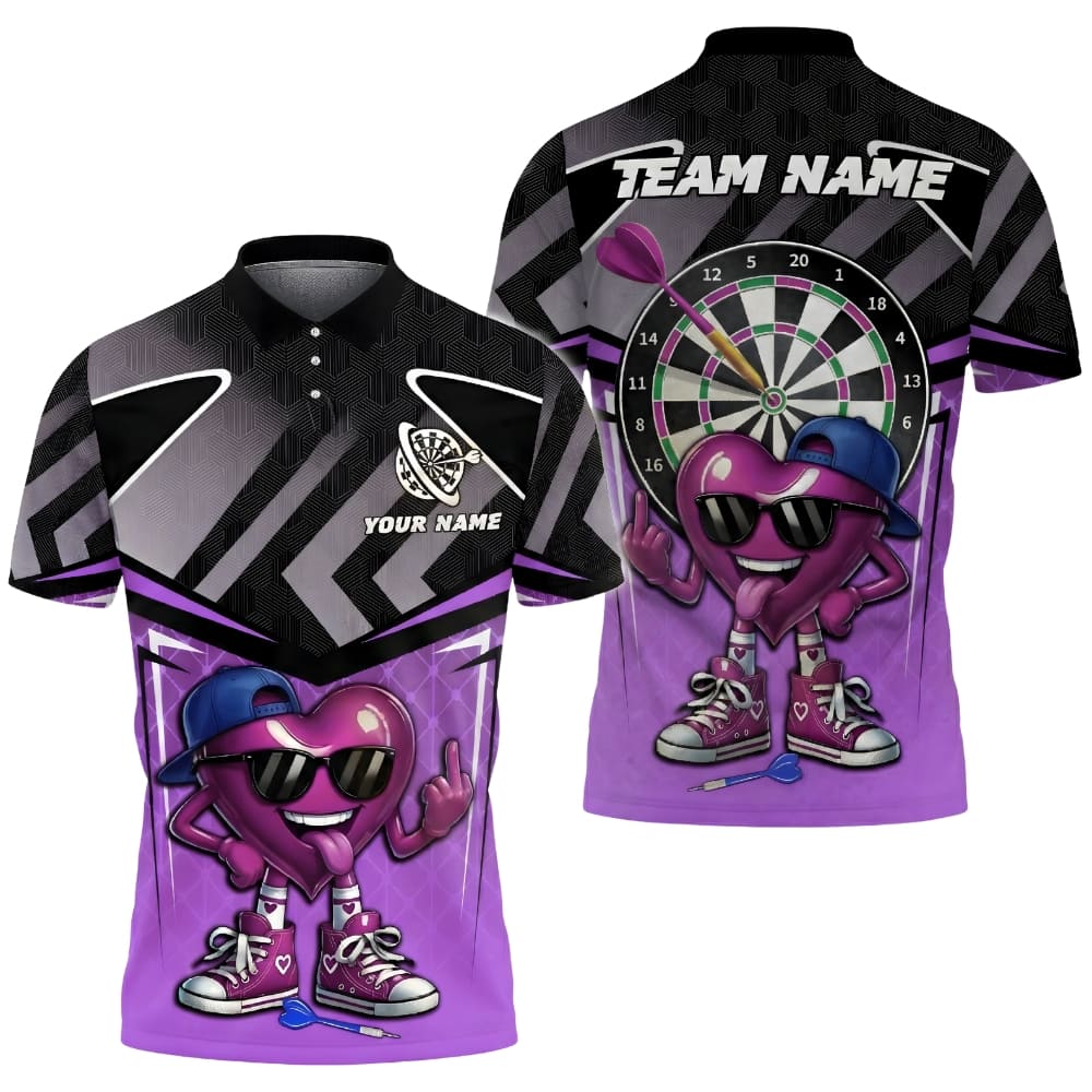 Custom Darts Polo Shirt – Modern Heart Darts Design – Personalized Team Name & Player Name – Unisex Team Jersey