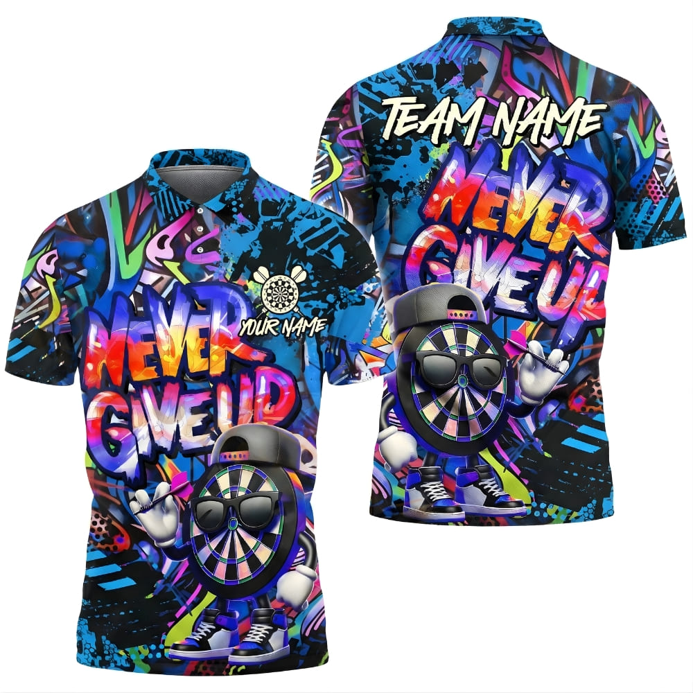 Custom Darts Polo Shirt – Personalized Name & Team Name | “Never Give Up” Neon Design