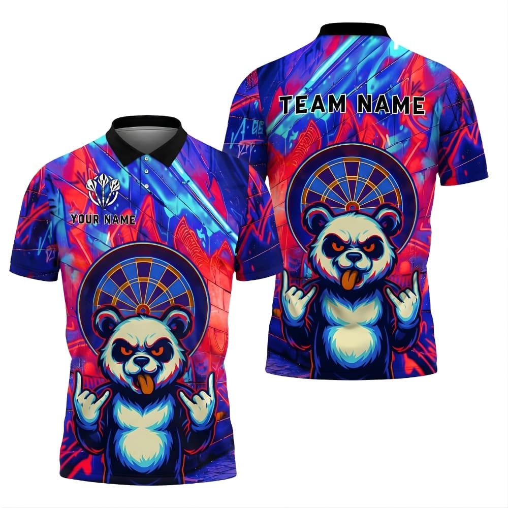 Custom Darts Polo Shirt – Personalized Name & Team | Panda Dartboard Graphic, Unisex Darts Team Jersey