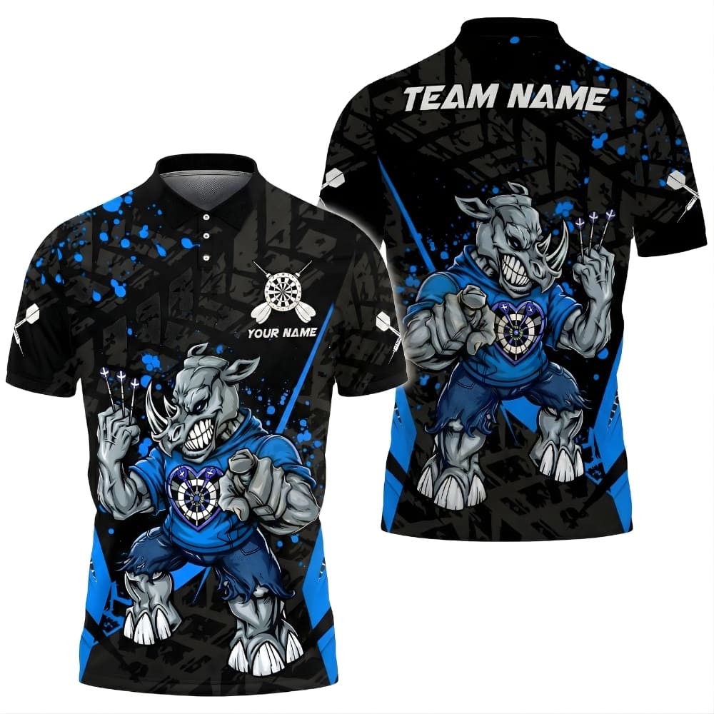Custom Darts Polo Shirt – Rhino Darts Design – Personalized Team Name & Player Name – Unisex Darts Team Jersey