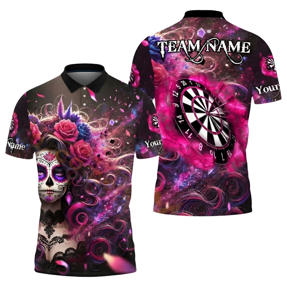 Custom Darts Polo Shirt – Sugar Skull Design with Dartboard, Personalized Team Name & Player Name