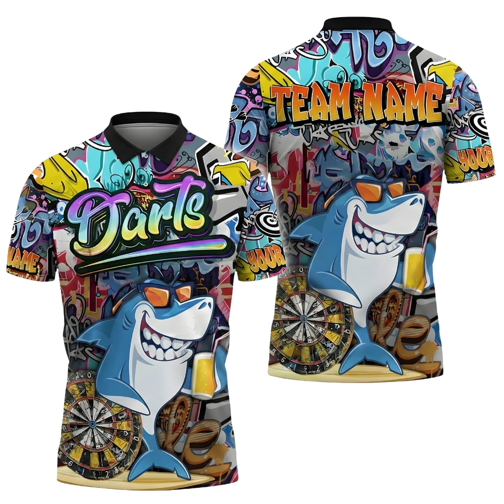 Custom Graffiti Shark Darts Shirt – Personalized Team Name Dart Polo for League Players