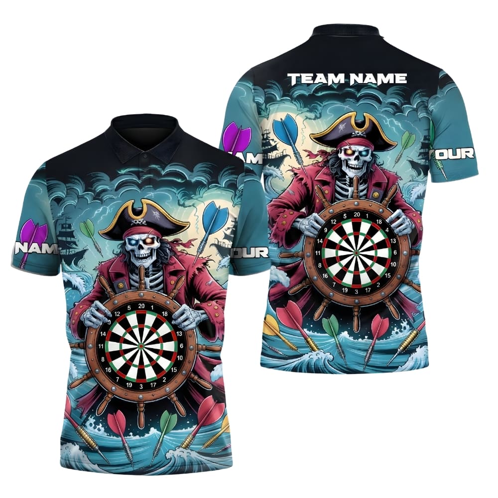 Personalized Pirate Skeleton Darts Polo Shirt – Custom Name Dartboard Team Shirt