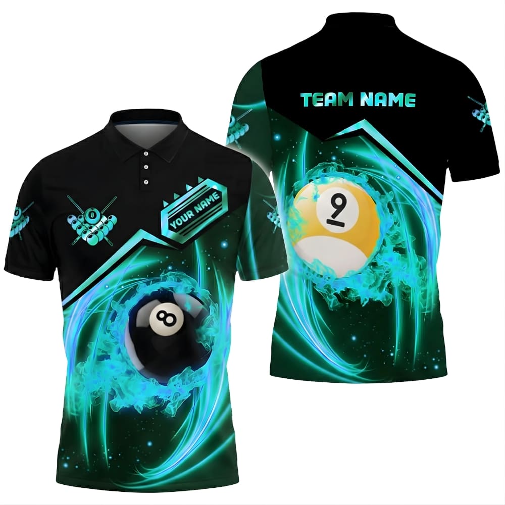 Neon Green Billiard Shirt – 8 Ball & 9 Ball Energy Pool Shirt with Custom Name