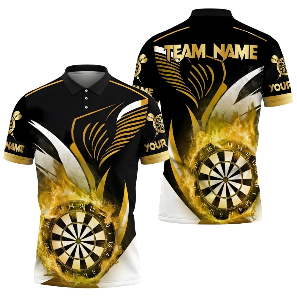 Custom Dart Team Polo Shirt – Flame Dartboard Wing Design with Team Name