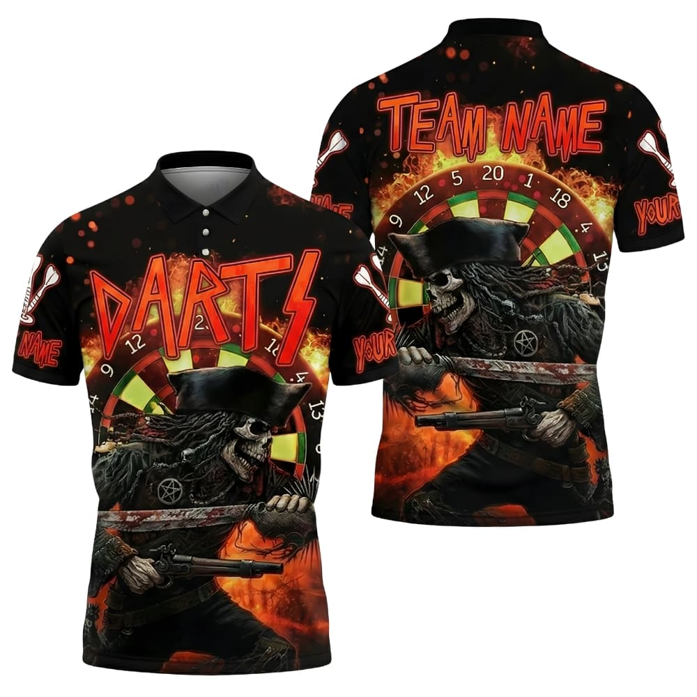 Custom Darts Polo Shirt – Skeleton Pirate Dartboard Design with Team Name & Player Name