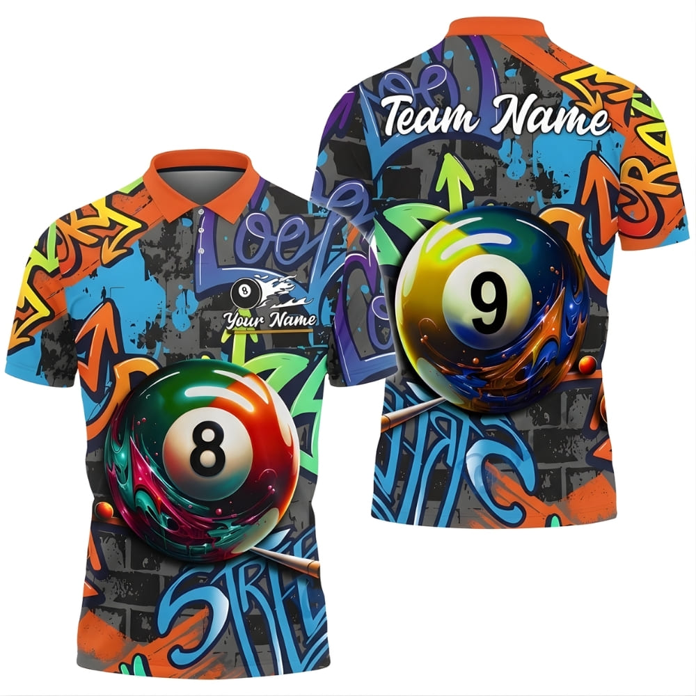 Graffiti 8 & 9 Ball Billiards Shirt – Custom Name & Team Name – Street Art Pool Polo Shirt
