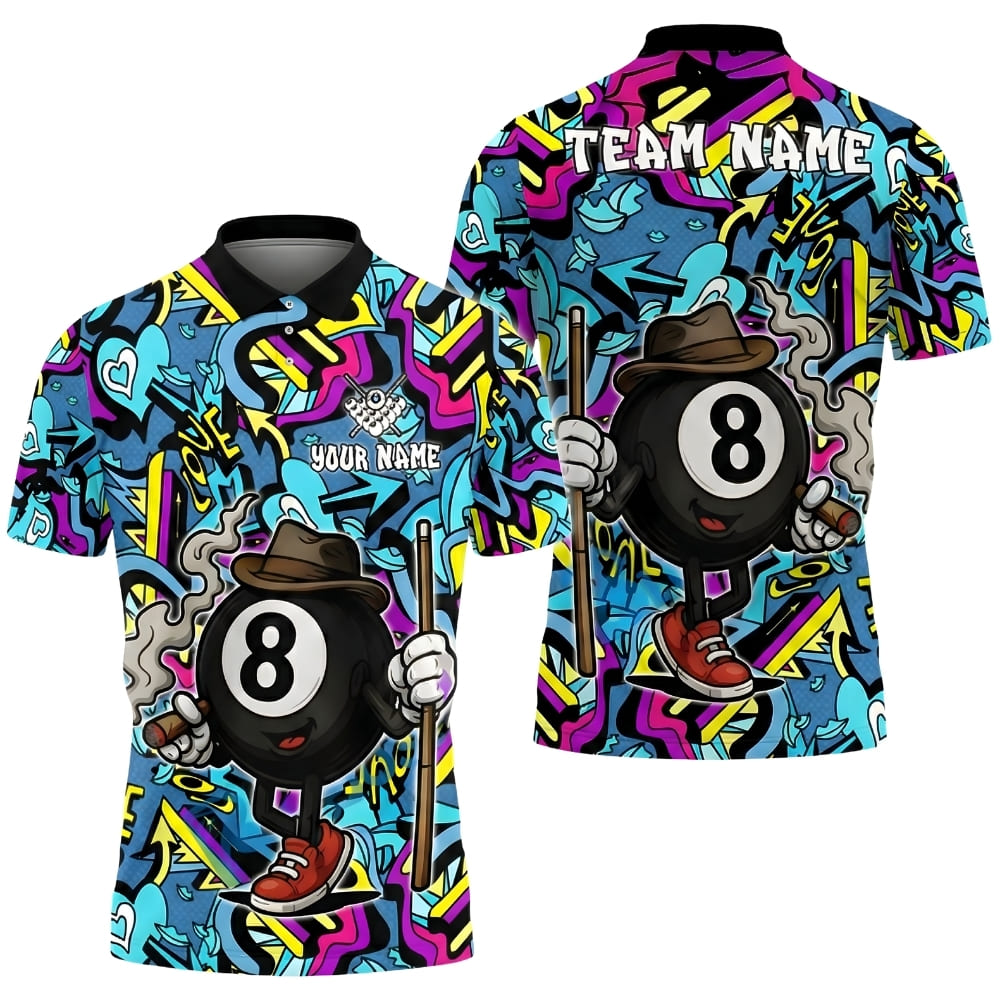 Graffiti 8 Ball Billiards Polo Shirt – Custom Team Name & Player Name | Funny Pool Team Shirt