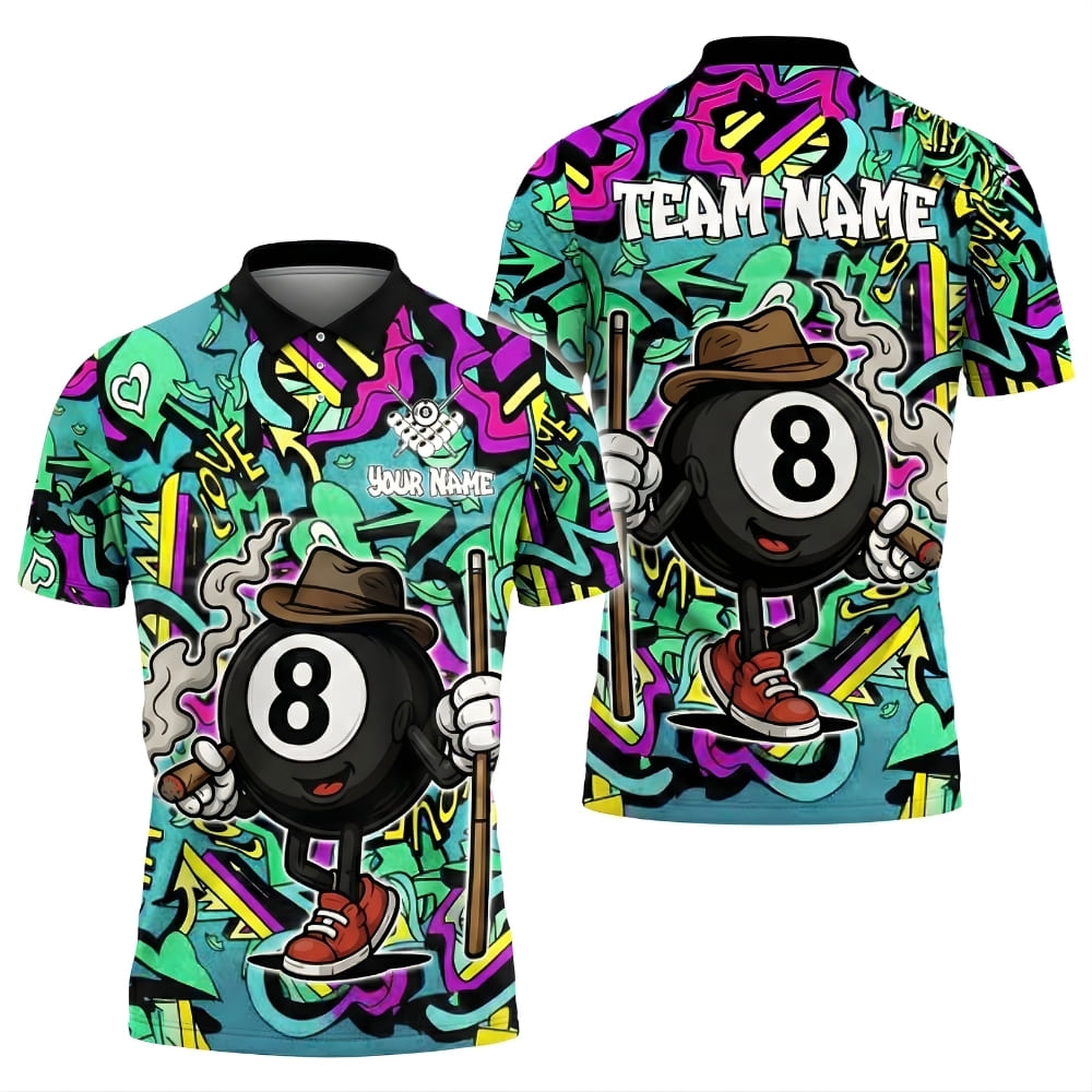 graffiti-8-ball-billiards-polo-shirt-front-back-cyan