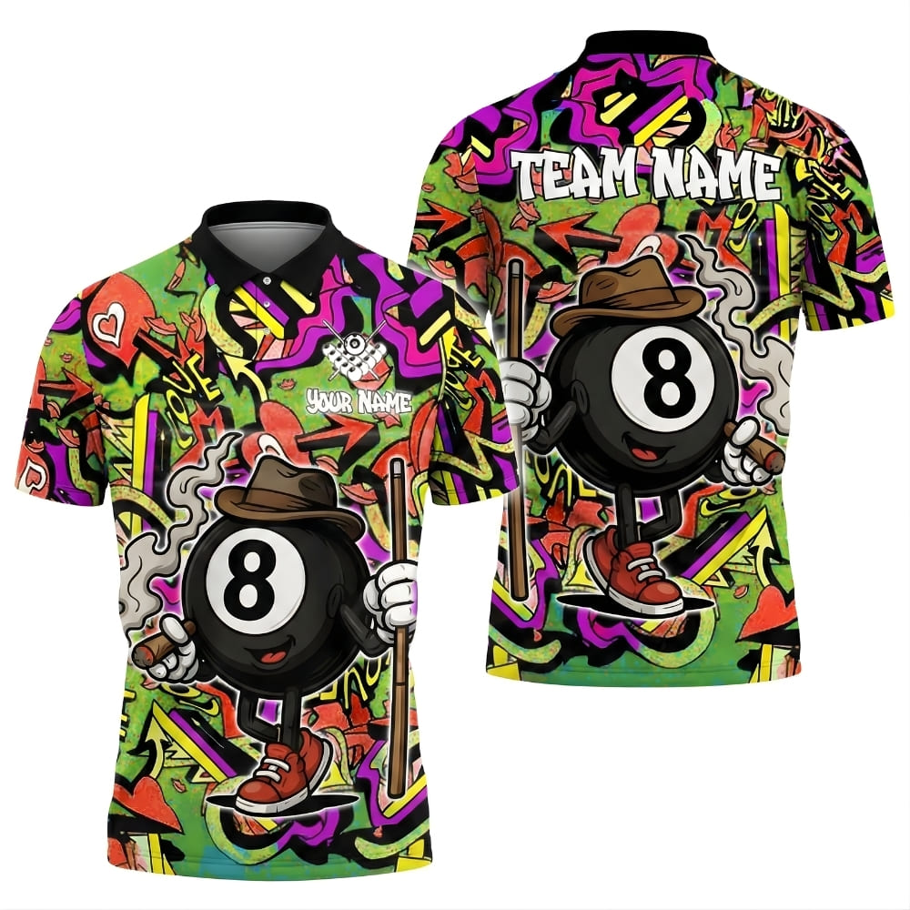 graffiti-8-ball-billiards-polo-shirt-front-back-green