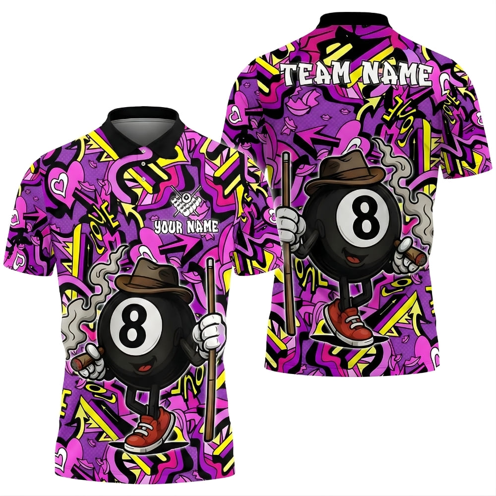 graffiti-8-ball-billiards-polo-shirt-front-back-purple