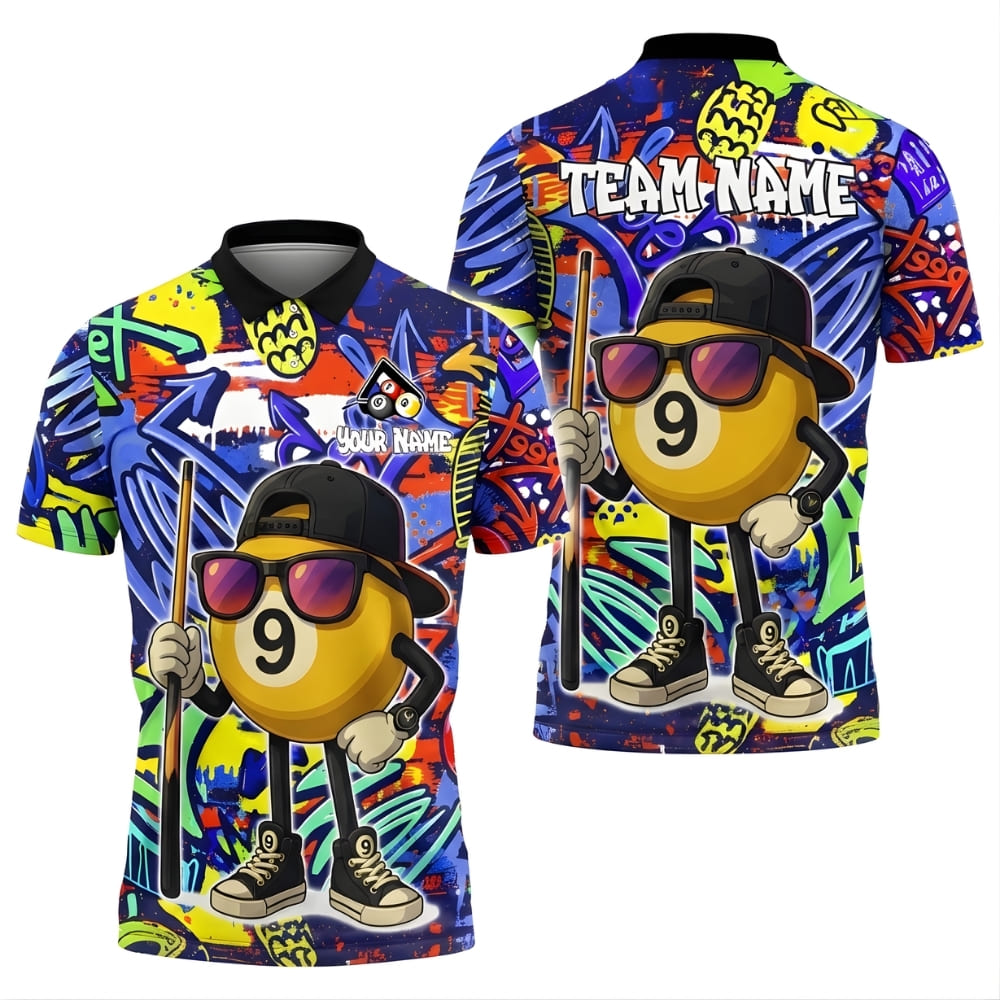 Graffiti 9 Ball Billiards Shirt – Custom Name & Team Name – Street Art Pool Polo Shirt