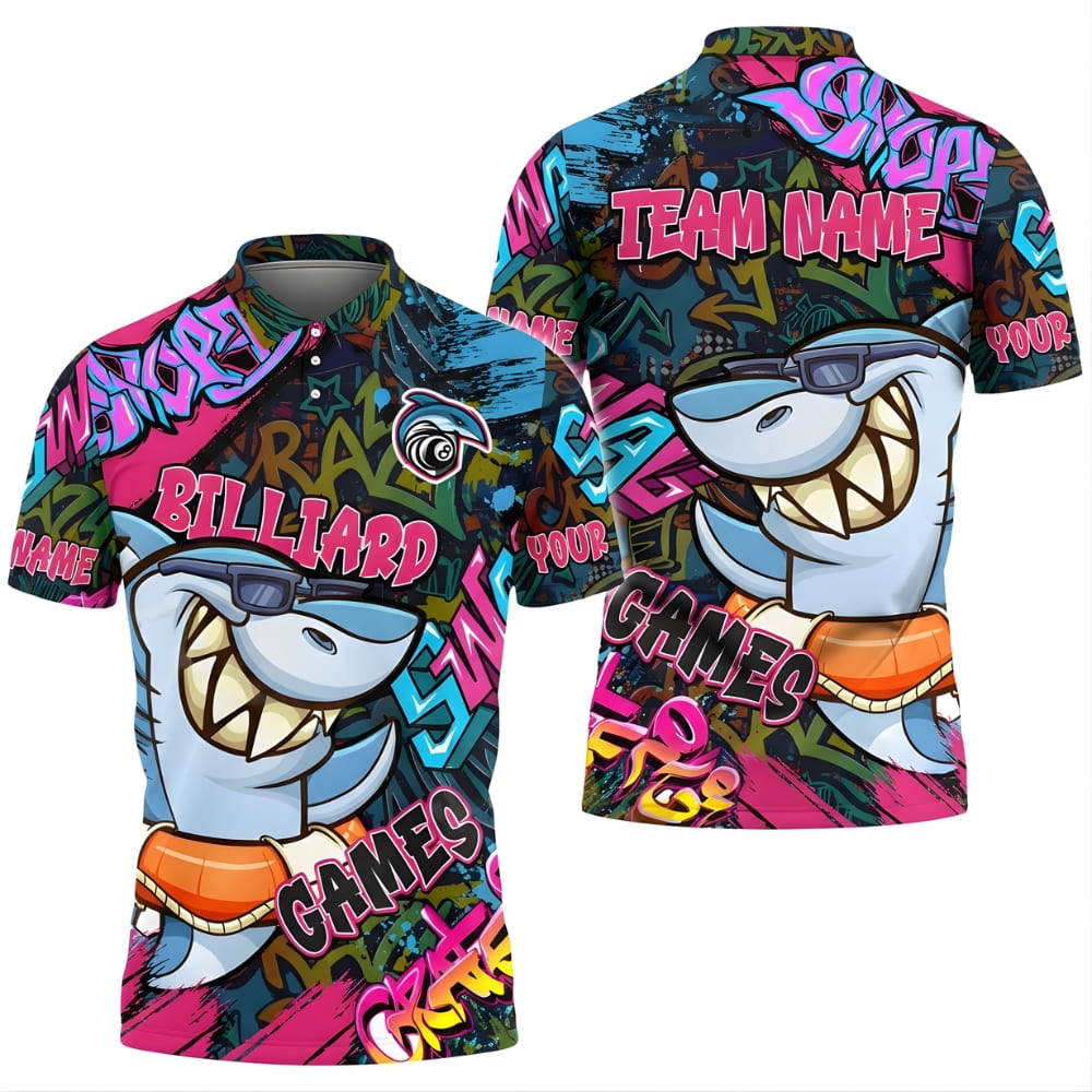 Custom Graffiti Shark Billiards Polo Shirt – Personalized Pool Team Shirt with Name & Team Name
