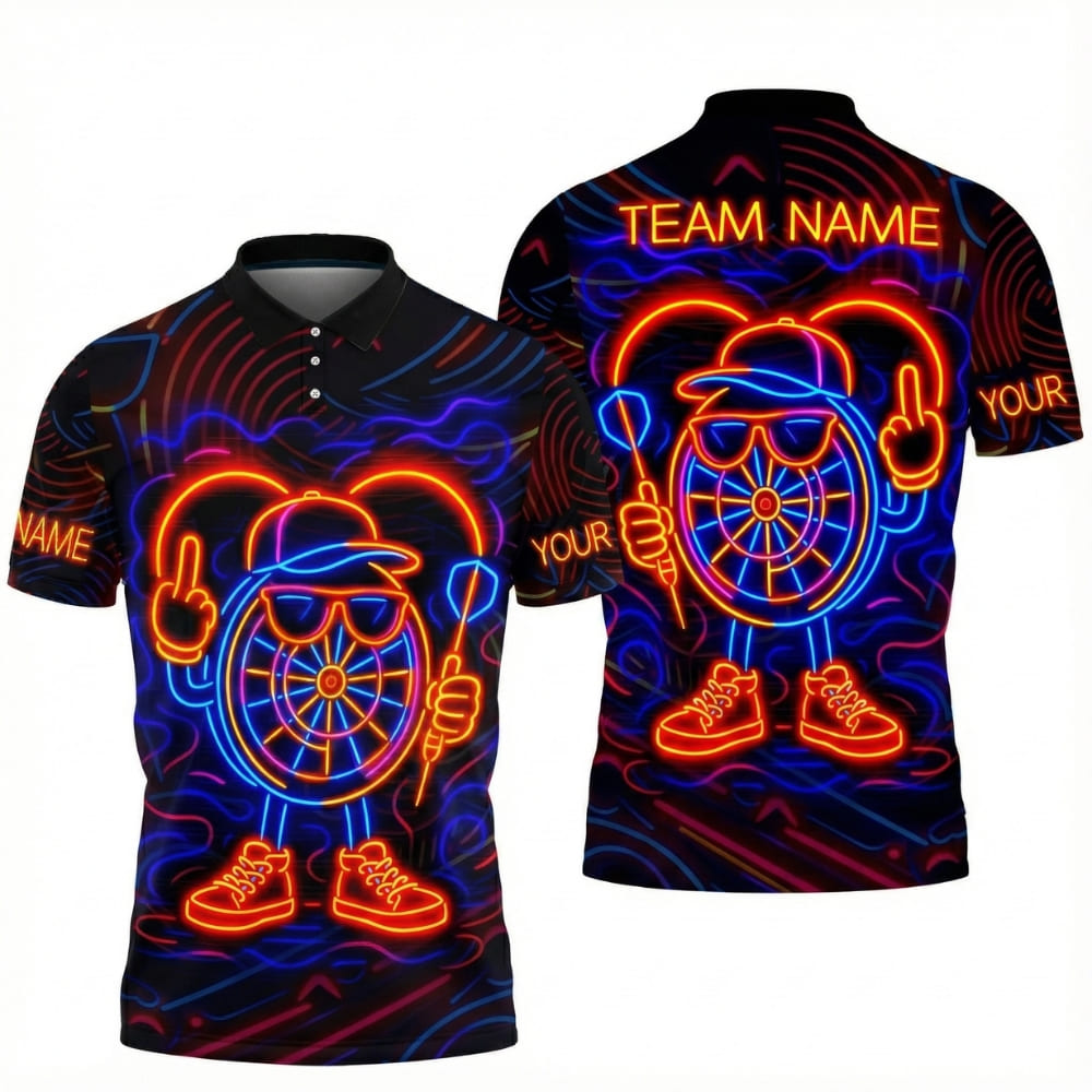 Neon Darts Polo Shirt – Personalized Name & Team | LED Style Dartboard Graphic Team Jersey