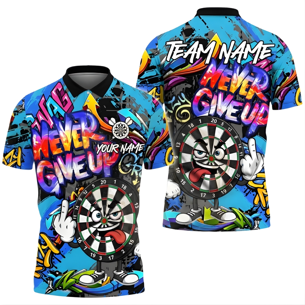 Never Give Up Darts Polo Shirt – Personalized Name & Team | Funny Dartboard Character Team Jersey