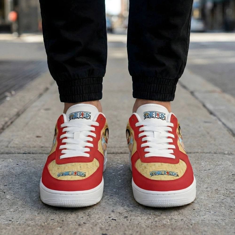 one-piece-luffy-custom-sneakers-on-feet-front
