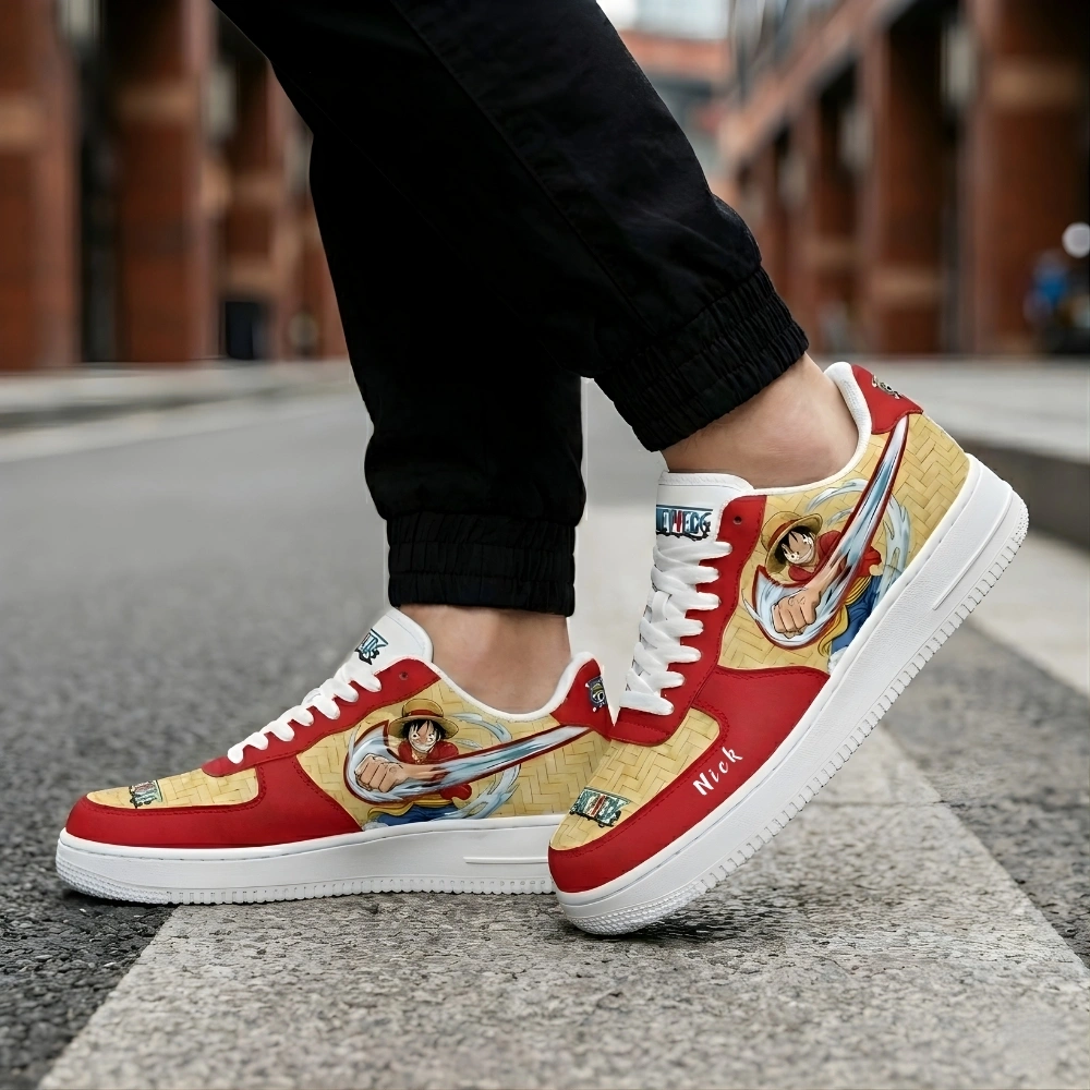 one-piece-luffy-custom-sneakers-on-feet-side