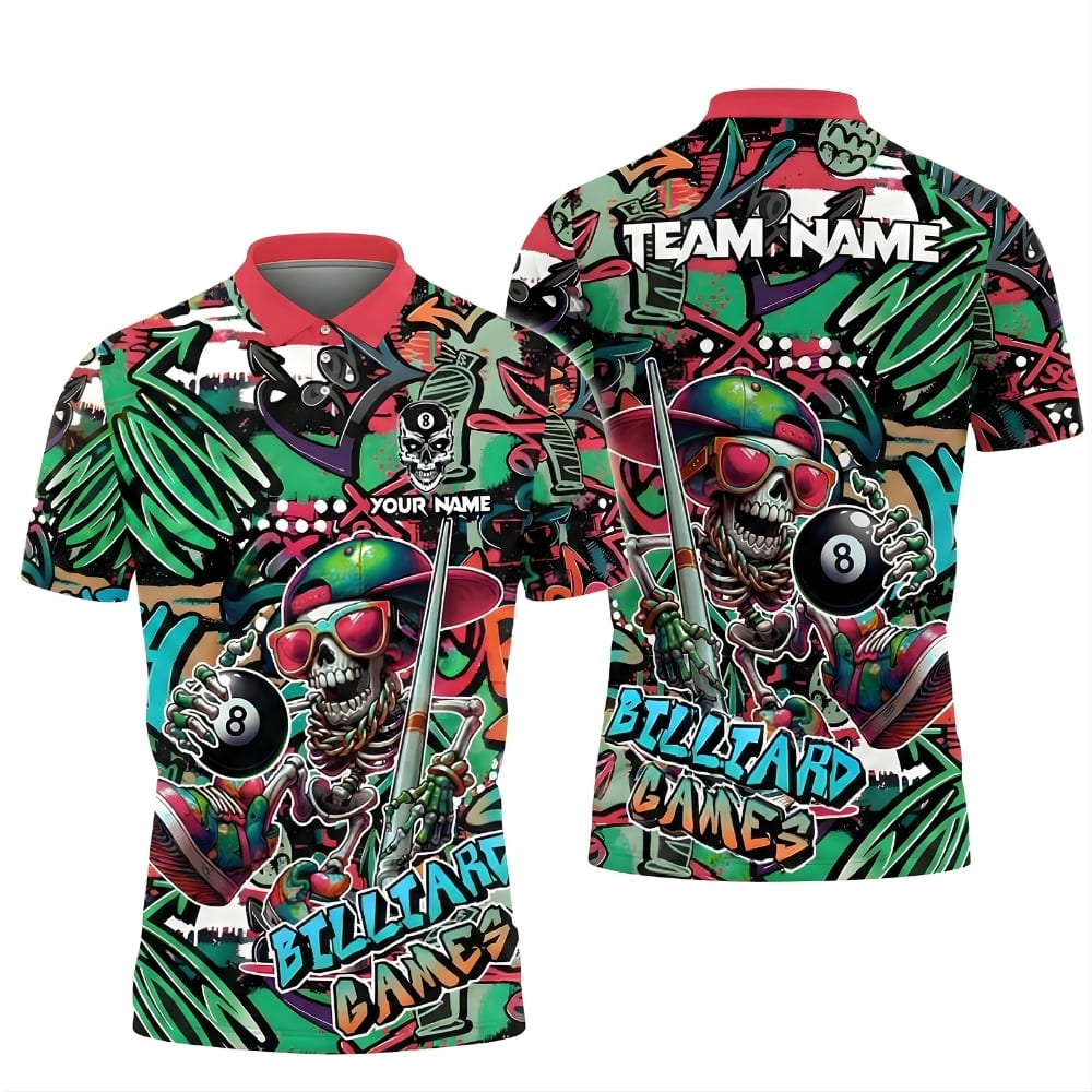 Custom Billiard Polo Shirt – Skeleton Graffiti Design with Team Name & Player Name