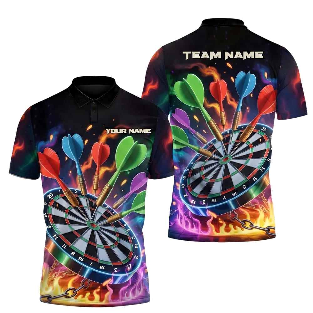 Personalized Colorful Darts Board Polo Shirt – Custom Name & Team Name Dart Shirt with Fire Design