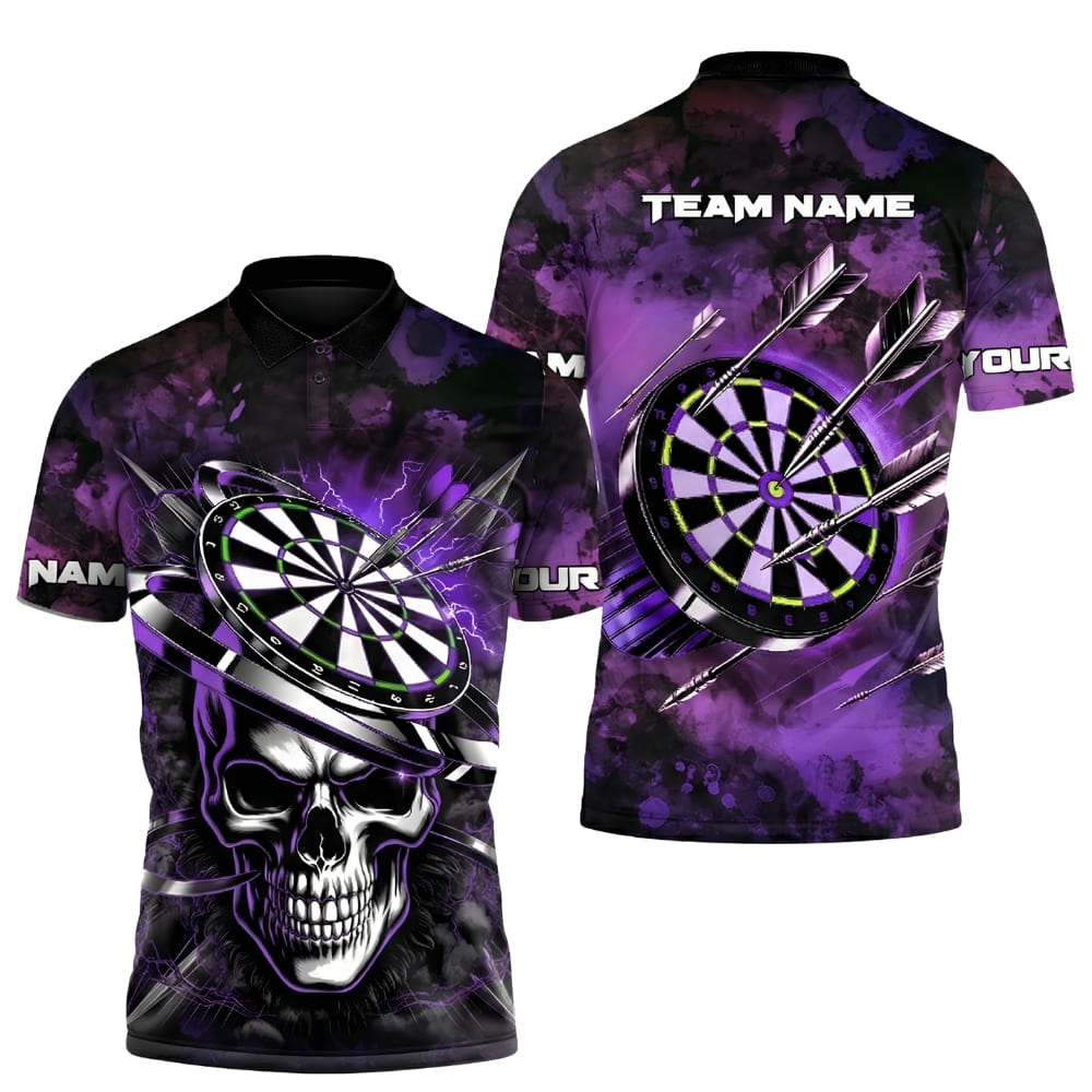 Personalized Skull Darts Polo Shirt – Custom Name & Team Name Dart Shirt with Dartboard Design